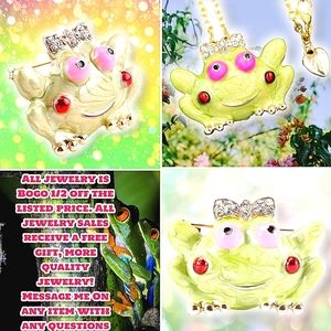 Gold plated crystal bow pink and Green frog necklace/brooch